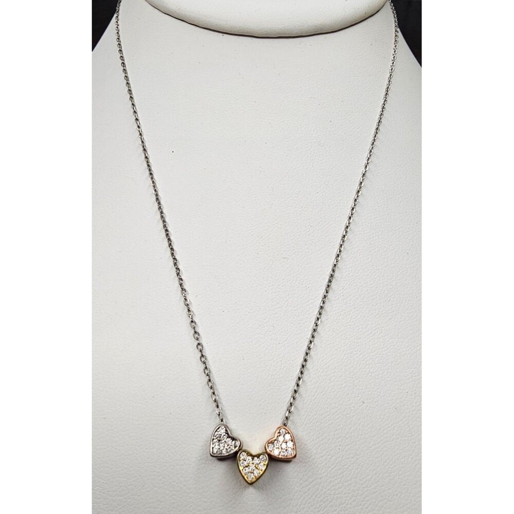 Three Tone Pave CZ Triple Hearts Necklace 925 Silver 16"